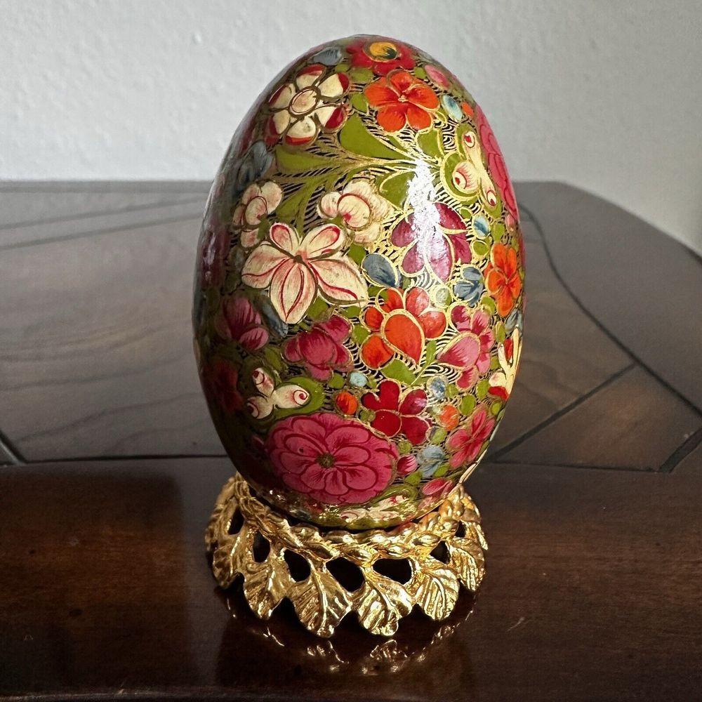 VTG Handmade Paper Mache Egg 3 Inch Blooming Flowers‎ Multicolor Gold Tone Stand